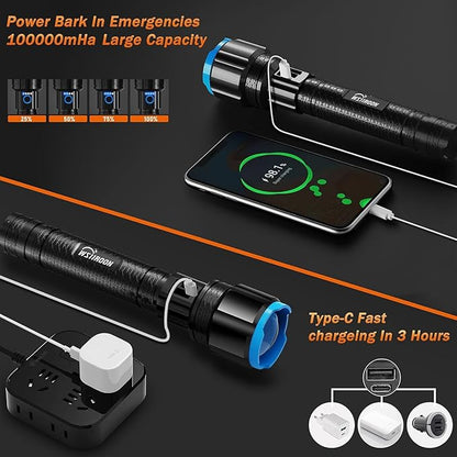 Rechargeable LED Flashlight High Lumen, Powerful 900000 Lumens Super Bright Flashlights, Zoomable Long Handheld Tactical Flash Light for Camping Hiking Emergency Power Bank