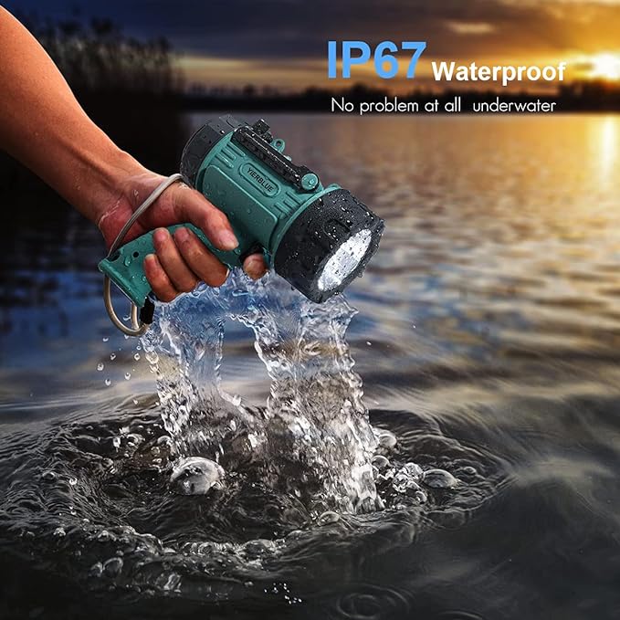 YIERBLUE Rechargeable Spotlight with 200,000 LM LED, IP67 Waterproof Handheld Flashlight Searchlight with Detachable Red Light Filter, 10000mAh Long Running (Green)