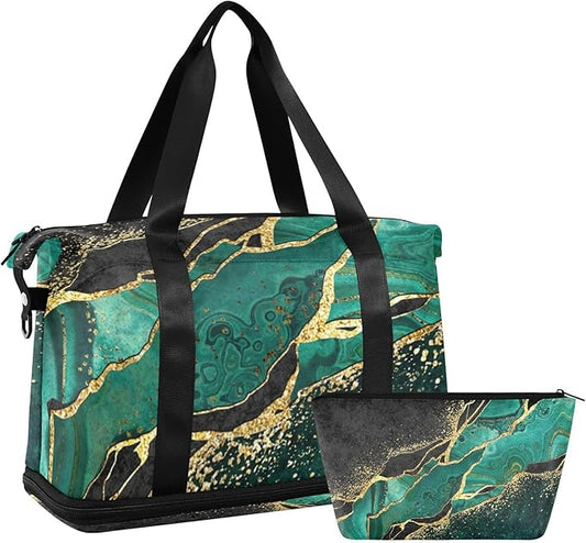 Marble Weekender Bag for Women, Malachite Green Marble Gym Bag Sports Duffle Bag Travel Tote Bag with Toiletry Bag Shoes Compartment Dry/Wet Separation Swim Bag