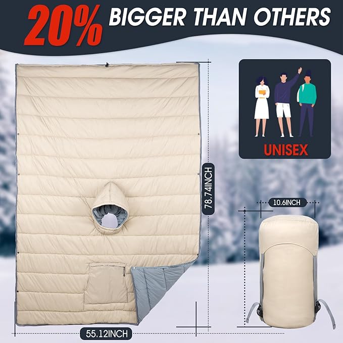 Sleeping Bag Wearable Hooded Blanket - Envelope Lightweight Thermal Cloak Cape Windproof with Premium Stuff Compression Sack for Backpacking Hiking Hunting Fishing Outdoor Sport