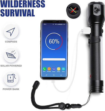 Delxo Patriot Flashlight, Handheld Solar Powered Tactical Flashlights Cell Phone Charger, USB Rechargeable Waterproof Car LED Flash Light with 2400mAh Battery, Multi Function for Emergency