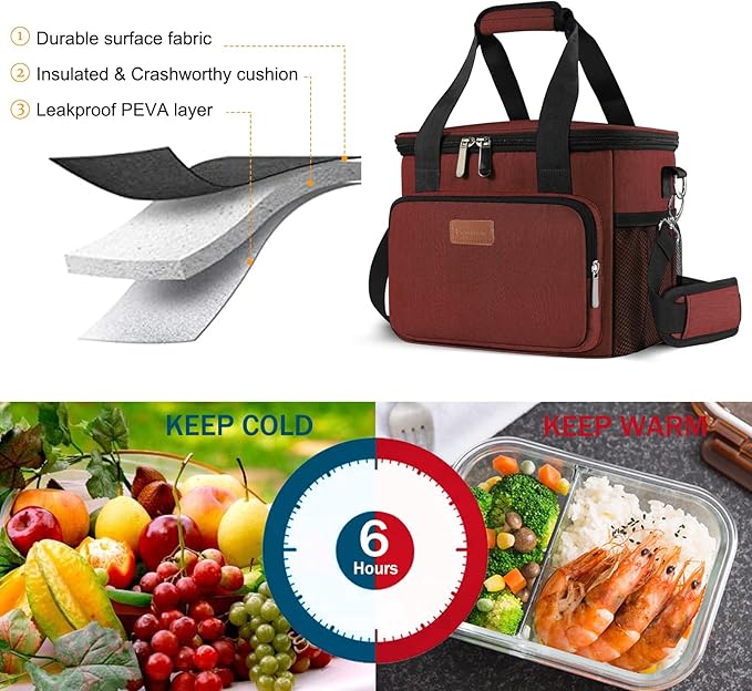 Femuar Lunch Bags for Women/Men, Insulated Lunch Bag for Work Office Picnic - Large Lunch Cooler Bag Leakproof Lunch Box with Adjustable Shoulder Strap for Adults - Red(15L)