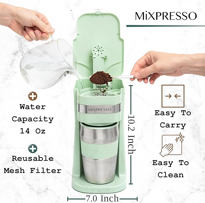 Mixpresso Personal Single Serve Coffee Maker & 14oz Travel Mug, Drip Coffee Brewer & Tumbler, Auto Shut Off & Reusable Filter, Green Coffee Maker Small, Compatible with Coffee Grounds