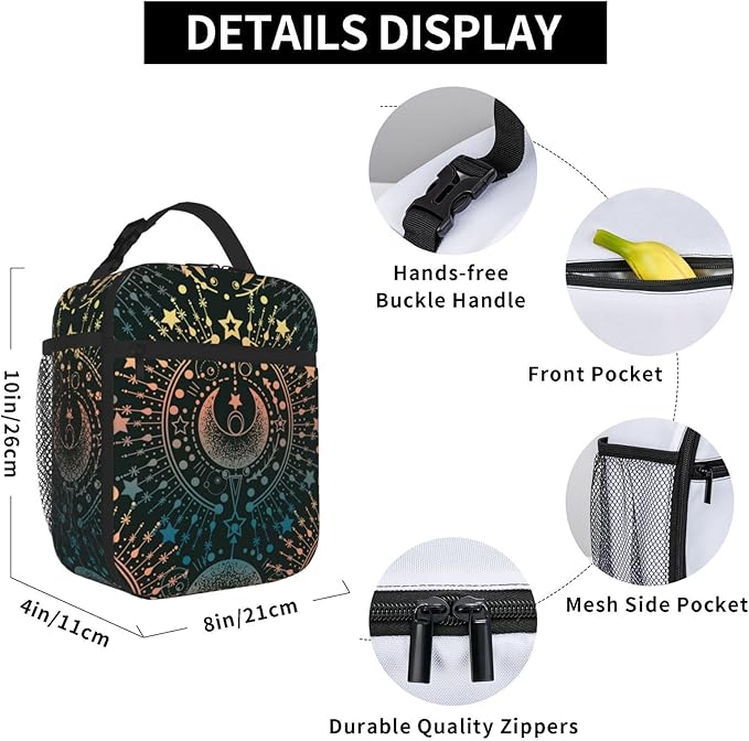 Magical Astrology Moon Star Insulated Lunch Bag Reusable Cooler Lunch Box Portable Leakproof Thermal Container Tote Bags for Girls Boys School Travel