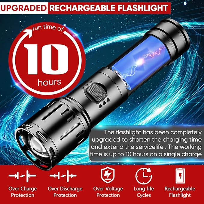 NAKCNM LED Rechargeable Flashlights High Lumens, Super Bright Flashlight 200000 Lumen with 5 Modes and Charger, Waterproof Flashlights Led Rechargeable for Camping Outdoor Hunting