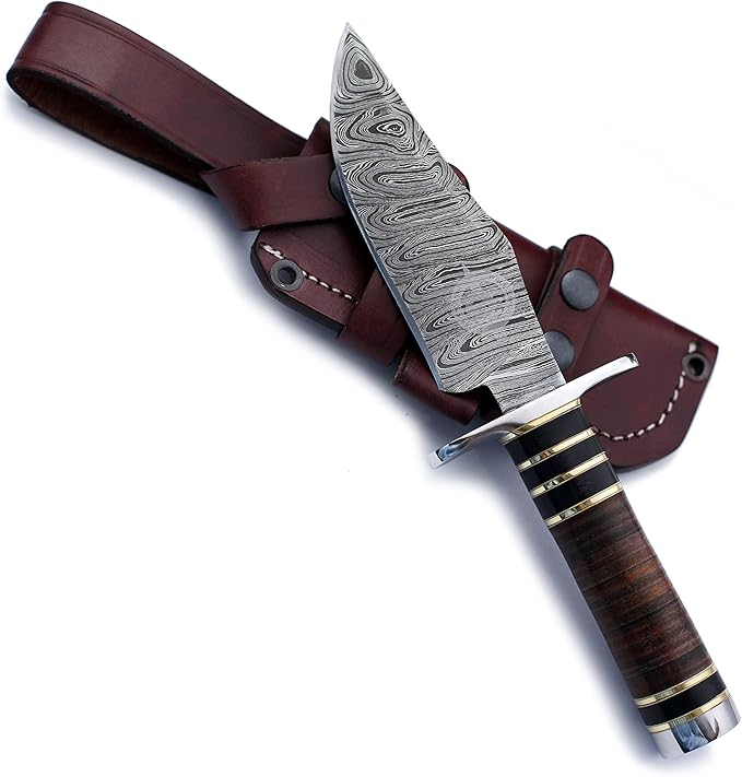 Handmade Damascus Steel Knife Bowie for Hunting,Survival,Camping,Bushcraft and Fishing Fixed Blade Dagger with Clip point Full Tang Micarta Handle, Leather Sheath - WKD-780