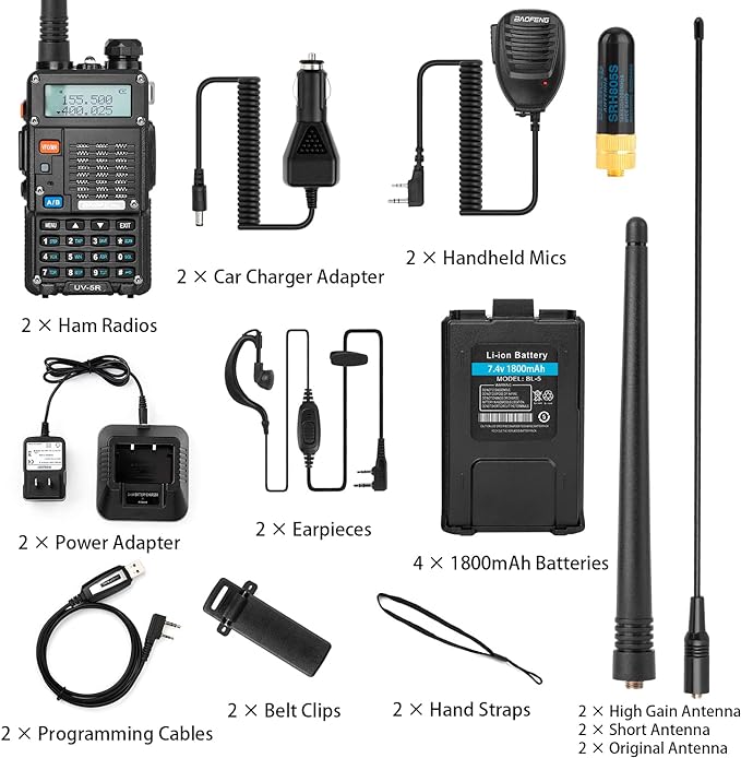 Ham Radio, BaoFeng UV-5R Pro 8W Walkie Talkies, Handheld Dual Band Two Way Ham Radios Long Range with Rechargeable Battery, Earpieces, Mic, Antenna and Programming Cable (2 Pack)
