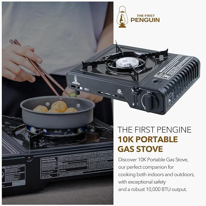 The First Penguin Portable Camping Stove - with Carrying Case 10,000 BTU Great for Emergency Preparedness Kit, High Power Butane Stove, Perfect for Camping, Hiking and Emergency-Black