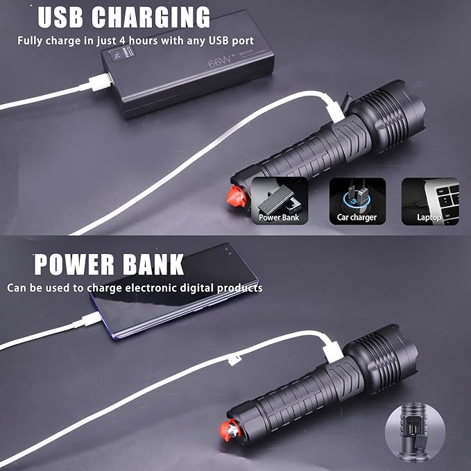 Rechargeable Led Flashlights 10000 Lumens Flashlight 6.7in Handheld Flashlights IP44 Waterproof Zoomable 5 Modes Waterproof Flash Lights for Emergency, Outdoor, Home, Camping, Hiking(Battery Free)