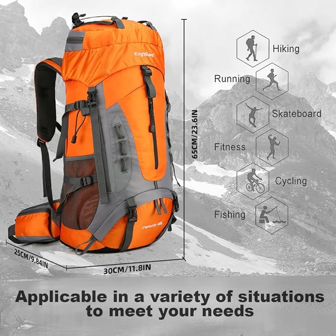 King'sGuard 60L Hiking Backpack Men Women Camping Backpack Waterproof Backpacking Mountaineering Climbing Daypack with Rain Cover (Orange)