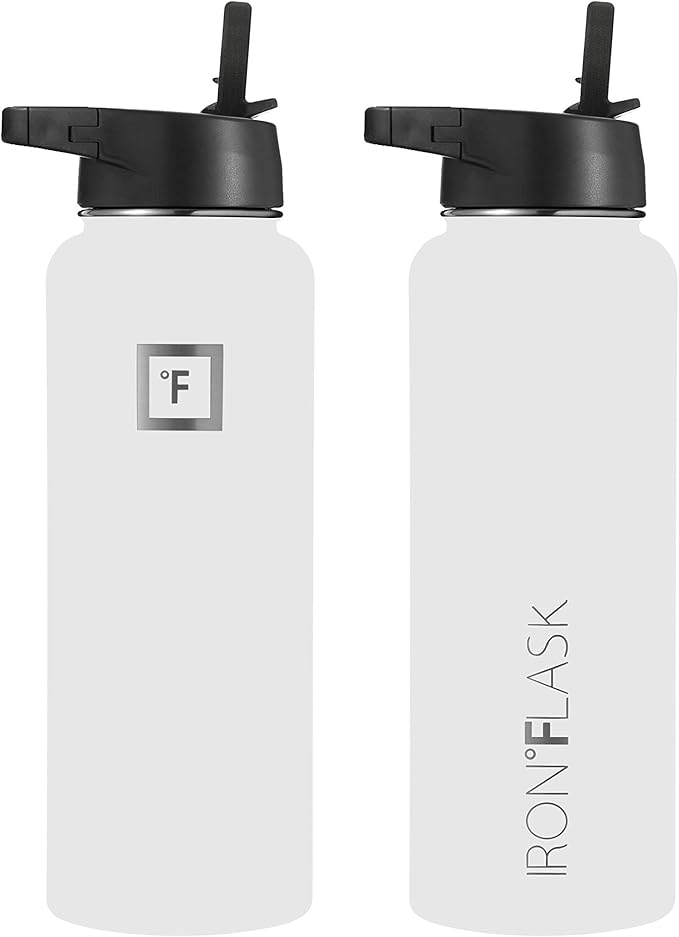 IRON °FLASK Camping & Hiking Hydration Flask, Wide Mouth, 3 Straw Lids, Stainless Steel Outdoor Water Bottle, Double Walled, Insulated Thermos, Metal Canteen - Winter White, 40 Oz