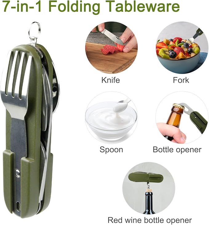 2 Pack 7-in-1 Camping Utensils - Portable Stainless Steel Camping Fork Spoon Knife Set for Camping, Hiking, Picnics Outdoor Enthusiasts, and Travel - Essential Survival Utensil Tool Kit
