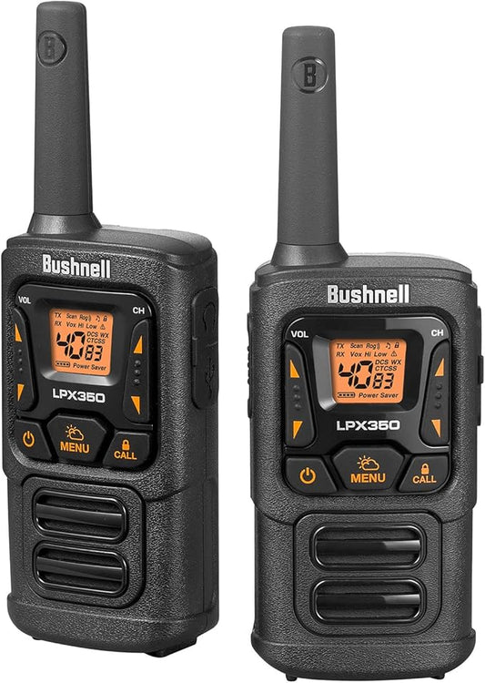 New Bushnell LPX350 Walkie Talkie Radio - Reliable Quality, Rugged Design, 1W Power for 25 Miles of Range, Two Way Radios Equipped for Wherever Life Takes You (2 Pack)