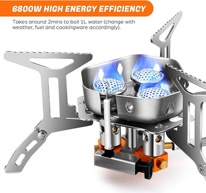 Odoland 3500W/6800W Windproof Camp Stove Camping Gas Stove with Fuel Canister Adapter, Piezo Ignition, Carry Case, Portable Collapsible Stove Burner for Outdoor Backpacking Hiking and Picnic