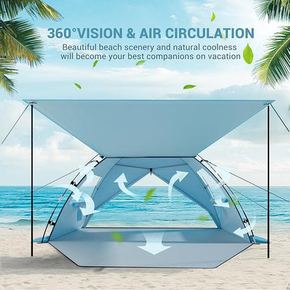 Elegear Beach Tent Sun Shelter with Canopy, 6-8 Person Pop Up Beach Tent, Easy Setup UPF 50+ UV Protection Portable Lightweight Double Silver Coating Beach Cabana Sun Shade Shelter - Sky Blue