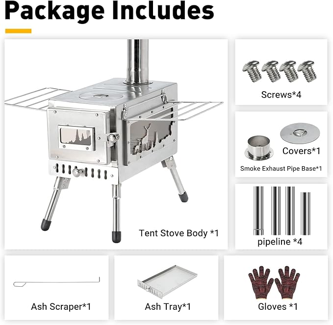 Outdoor Camping Stove Camp Tent Stove, Portable Wood Burning Stove with Chimney Pipe for Tent, Shelter, Camping Heating and Cooking (Pipe Diameter: 2.36")