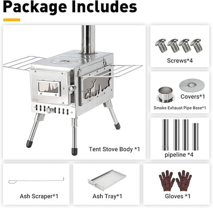 Outdoor Camping Stove Camp Tent Stove, Portable Wood Burning Stove with Chimney Pipe for Tent, Shelter, Camping Heating and Cooking (Pipe Diameter: 2.36")