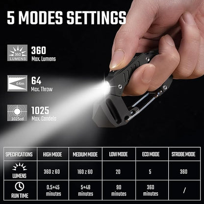 KeyUnity KF02 Titanium Multitool Carabiner Clip, 7 in 1 Multifunctional Keychain Flashlight for Camping, Hiking & Outdoor Activities