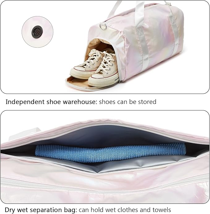 Sports Gym Dance Bag for Women Girls, Shimmery Waterproof Duffle Travel Bag With Shoes Compartment and Wet Dry Pocket (Pink)