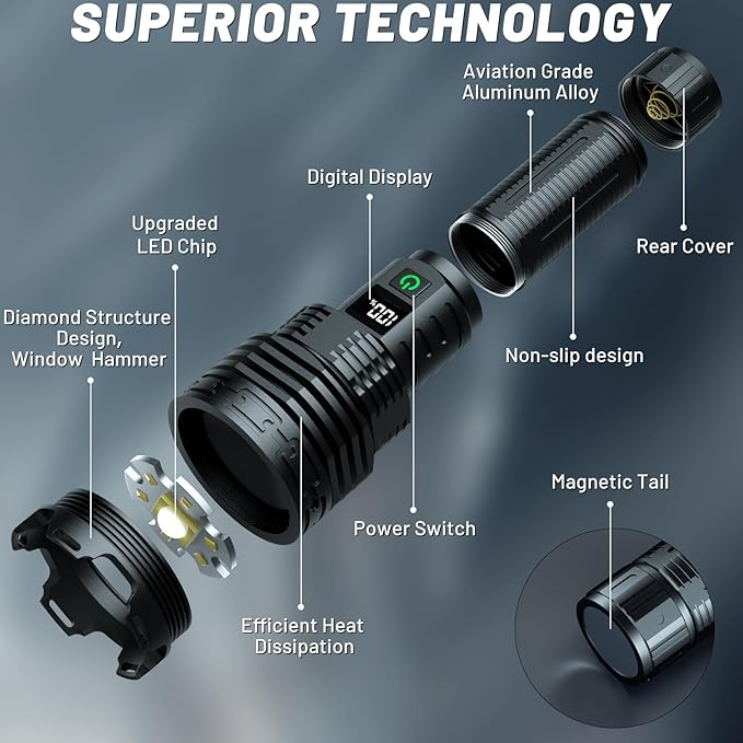 Rechargeable Flashlights High Lumens LED: 990,000 Lumens Bright Powerful Tactical Flash Light with Magnetic Base, Digital Display, 5 Modes, IPX6 Waterproof Torch for Camping Emergencies