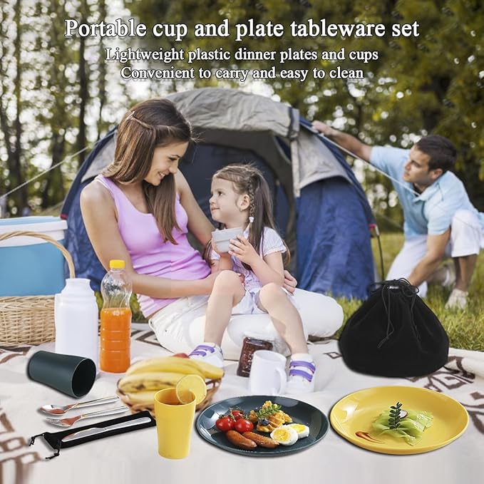Camping Utensils Mess Kit, Including Camping Spoon, Fork, Knife, Plate and Cup Packed in a Portable Bag, Easy to Carry, Dishwasher Safe