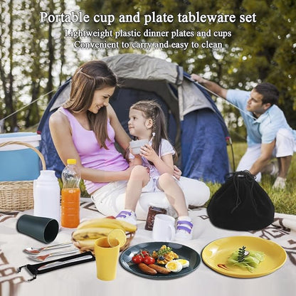Camping Utensils Mess Kit, Including Camping Spoon, Fork, Knife, Plate and Cup Packed in a Portable Bag, Easy to Carry, Dishwasher Safe