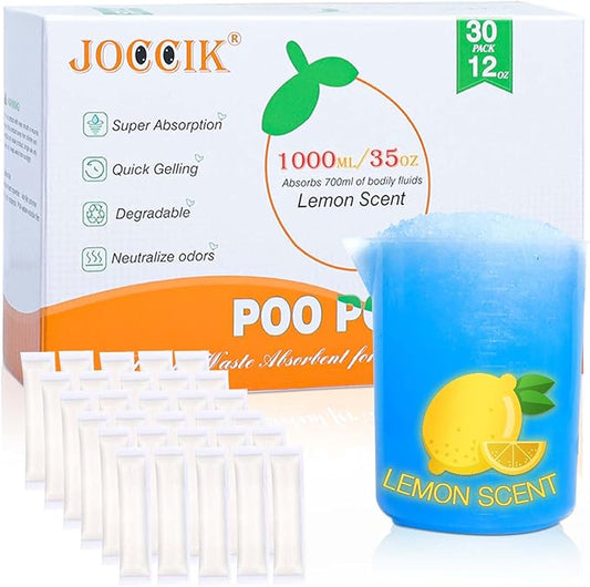 Poo Gel for Portable Toilet 30pcs Super Absorbent Liquid Waste Powder Lemon Scent for Camping Outdoor