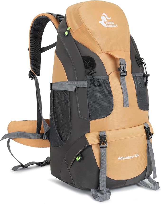 Bseash 50L Hiking Backpack, Water Resistant Lightweight Outdoor Sport Daypack Travel Bag for Camping Climbing Touring (Gold - With Shoe Compartment)