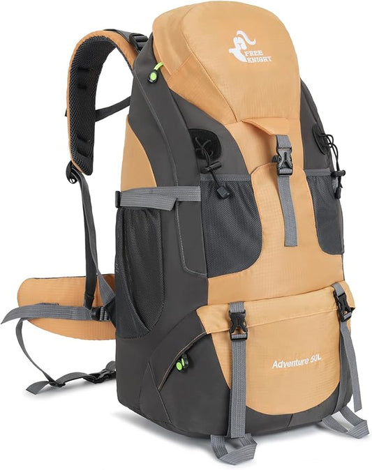 Bseash 50L Hiking Backpack, Water Resistant Lightweight Outdoor Sport Daypack Travel Bag for Camping Climbing Touring (Gold - With Shoe Compartment)