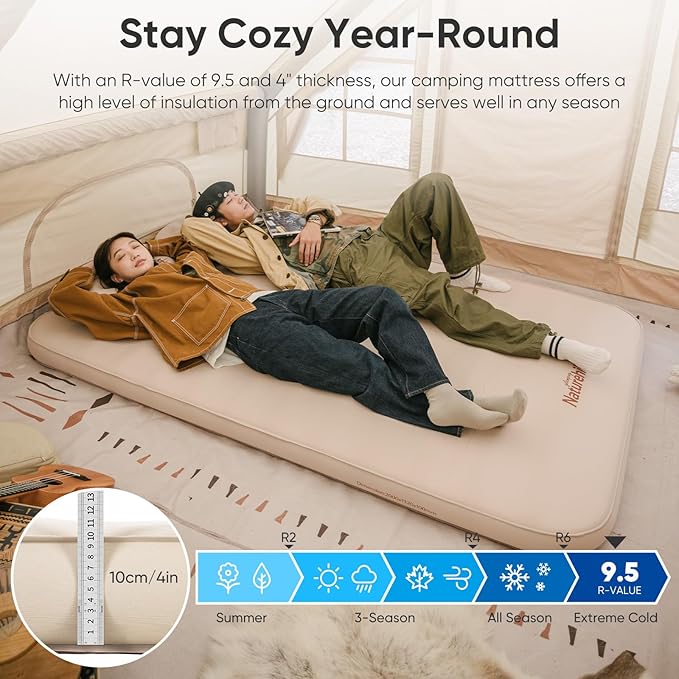 Naturehike Camping Mattress with Portable Air Pump, 4" Thick Self Inflating Sleeping Pad, Roll Up Bed, R-Value 9.5 for 4-Season Insulation, Comfort in Tent, Car, Truck, Van (Full)