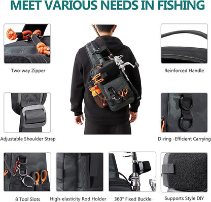 NEW VIEW Fishing Sling Bag, Waterproof Sling Pack with Rod Holder, Versatile Storage Fly Fishing Bags for Men, Small Shoulder Pack for Streams & Rivers