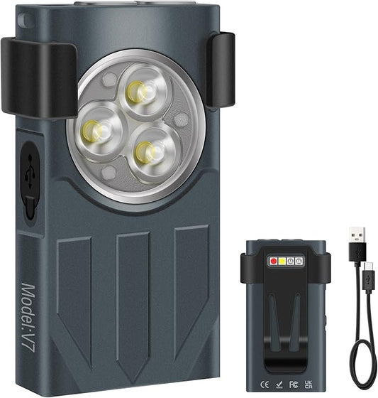 V7 Mini Powerful EDC Flashlight High Lumens 1100LM LED Rechargeable Flashlight with Magnetic and Cilp,Small Pocket Flash Light with Red Blue UV Light for Camping, Underbody Repair(Grey)