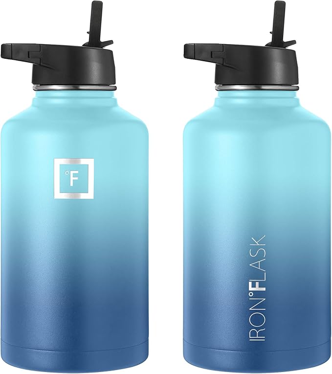 IRON °FLASK Camping & Hiking Hydration Flask, Wide Mouth, 3 Straw Lids, Stainless Steel Outdoor Water Bottle, Double Walled, Insulated Thermos, Metal Canteen - Blue Waves, 64 Oz