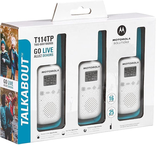 Motorola Solutions, Portable FRS, T114TP, Talkabout, Two-Way Radios, Battery Operated, 22 Channel, 16 Mile, White/Blue, 3 Pack