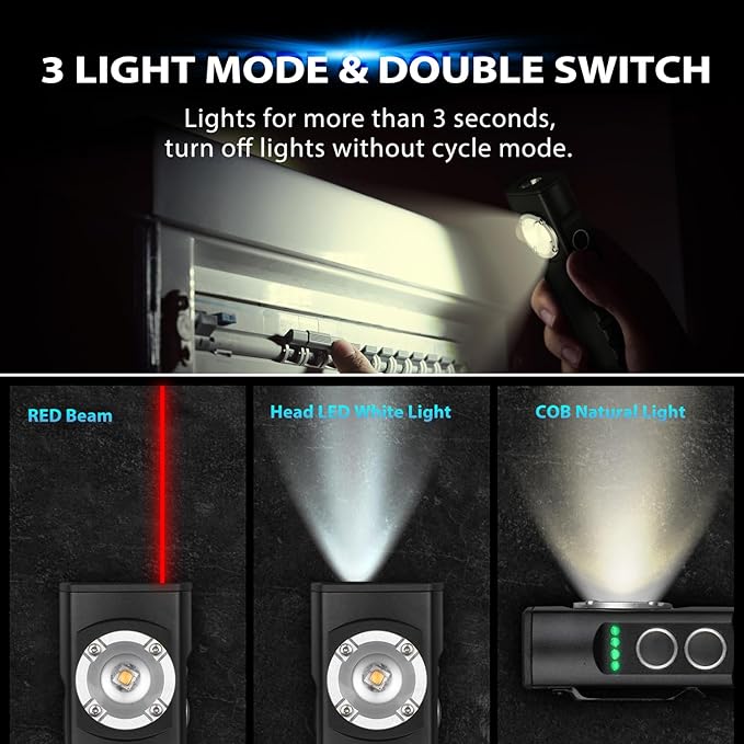ULTRAFIRE Rechargeable LED Work Light 350 Lumens Portable Magnetic Flat EDC Flashlights with Red Beam,3 Mode Pocket Small Lights with Clip for Working,Car Repairing,Camping,Emergency