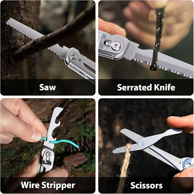 9-in-1 Multi Tool, Pocket Knife, Multitool Folding Knife for Camping Hiking Survival Fishing, Stainless Steel Lockable Multitool Knife Saw Scissors Bottle Opener Wire Stripper Glass Breaker