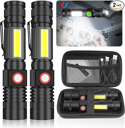 USB Rechargeable Flashlight, Magnetic LED Flashlight, 2000 Lumen Super Bright LED Tactical Flashlight with Cob Worklight,Waterproof,Zoomable Best Small LED Flashlight for Camping, Emergency Flashlight