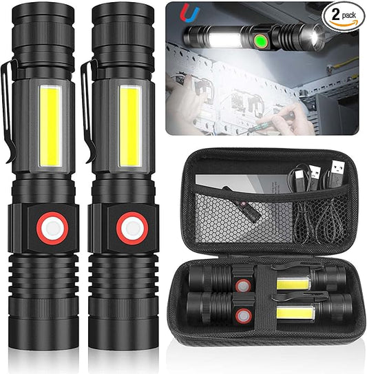 USB Rechargeable Flashlight, Magnetic LED Flashlight, 2000 Lumen Super Bright LED Tactical Flashlight with Cob Worklight,Waterproof,Zoomable Best Small LED Flashlight for Camping, Emergency Flashlight