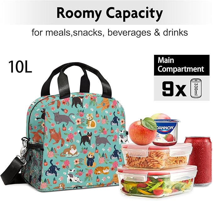 Lunch box Kids,Insulated Cat Lunch Bag Cute Small Lunch Totebag Reusable Leakproof Lunch Bag With Shoulder Strap for Girls Boys Women School Work Picnic
