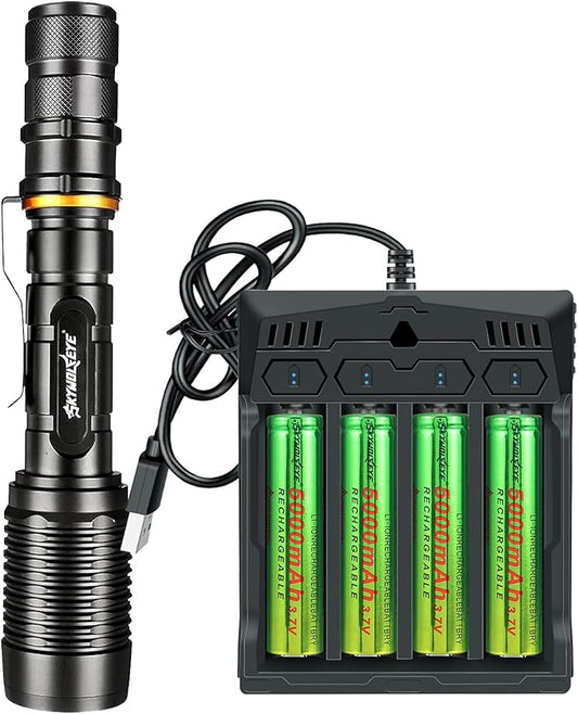 4 Pack 1￵8￵6￵50 Rechargeable Batter￵y W￵i￵th 18650 Battery Charger Bright Led Flashlight, Universal Charger for Rechargeable 3.7V Li-ion Batteries 18650 26650 14500 10440
