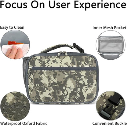 Insulated Lunch Box for School, Thermal Reusable Durable Freezable Lunch Bags for Kids Boys Girls Men Women - Small Soft Cooler Portable Lunch Tote Kit for Work Picnic Travel,Grey Camo