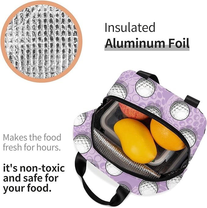 VOOHDDY Golf Ball Cute Purple Insulated Lunch Bag For Men Women Reusable Lunch Box Container Waterproof Portable Cooler Thermal Tote Bag For Work Office Picnic Beach Travel