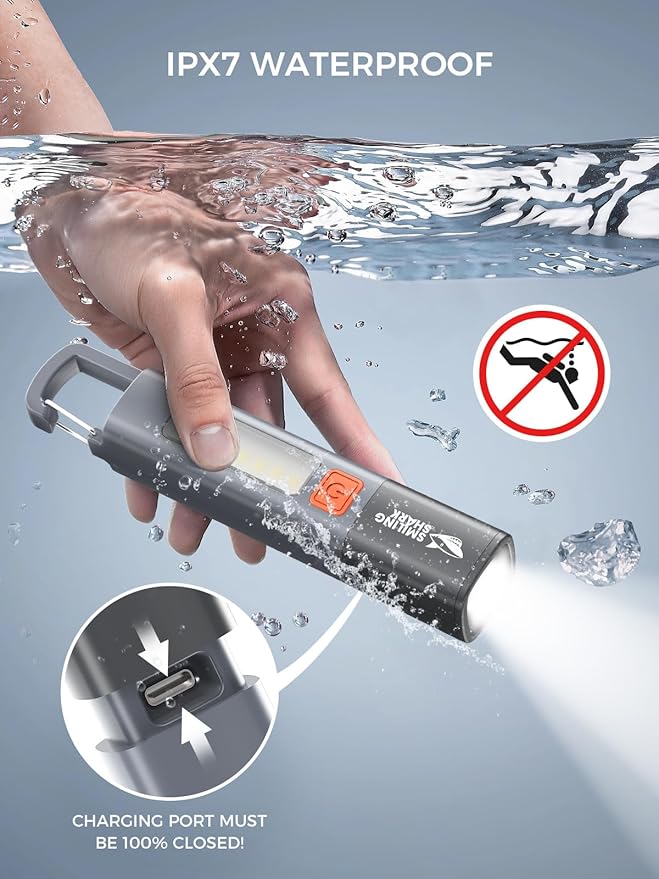 Smiling Shark LED Flashlight, G1 Flash Light Grey 3 Modes Zoomable Focus White Sidelight Waterproof Powerful Super Bright EDC Torch Light Outdoor Emergency,Mini-Rechargeable-LED-Flashlight-Camping