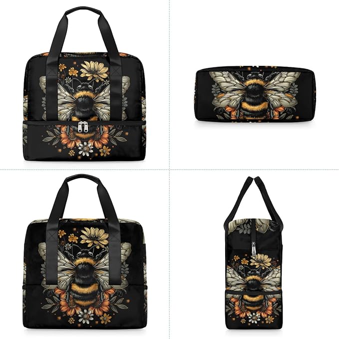 Sports Gym Bag Retro Bee Flower Travel Duffel Bag Waterproof Lightweight Swim Bag Travel Tote Luggage Weekender Overnight Handbag Workout Bag with Shoes Compartment for Women Men