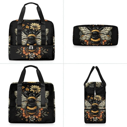 Sports Gym Bag Retro Bee Flower Travel Duffel Bag Waterproof Lightweight Swim Bag Travel Tote Luggage Weekender Overnight Handbag Workout Bag with Shoes Compartment for Women Men