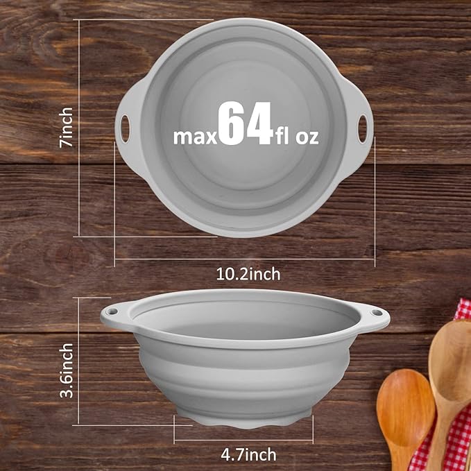 Collapsible Silicone Salad Bowl 64oz Camping Bowl Outdoor Hiking Travel Durable Bowl for Storage and Mixing Food-Grade Silicone Food Storage Container 1 Pack (Grey)