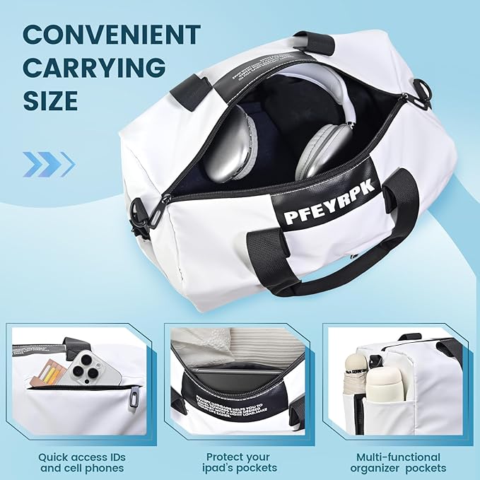 Lightweight Gym Bag for Women Man,Water Resistant Duffle Bag for Travel with Wet Pocket,Wear-resistant Weekender Overnight Duffel Bag,Travel Bag Easy to Clean Tote bag for women(White)