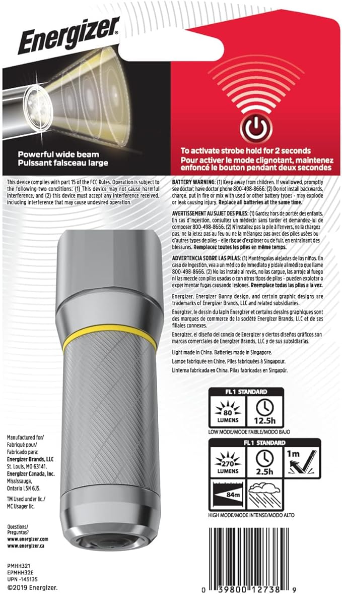 Energizer LED Tactical Metal Flashlight, Ultra Bright High Lumens, Durable Aircraft-Grade Metal Body, IPX4 Water-Resistant, 3 Modes