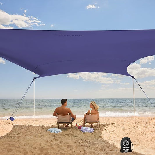 WEKAPO Beach Tent Sun Shelter - Easy Setup Beach Canopy with 4 Sturdy Poles, Large Sandbags and Shovel, 6'7'' Tall, Windproof Sun Shade for Backyard and Camping, UPF 50+ Protectio