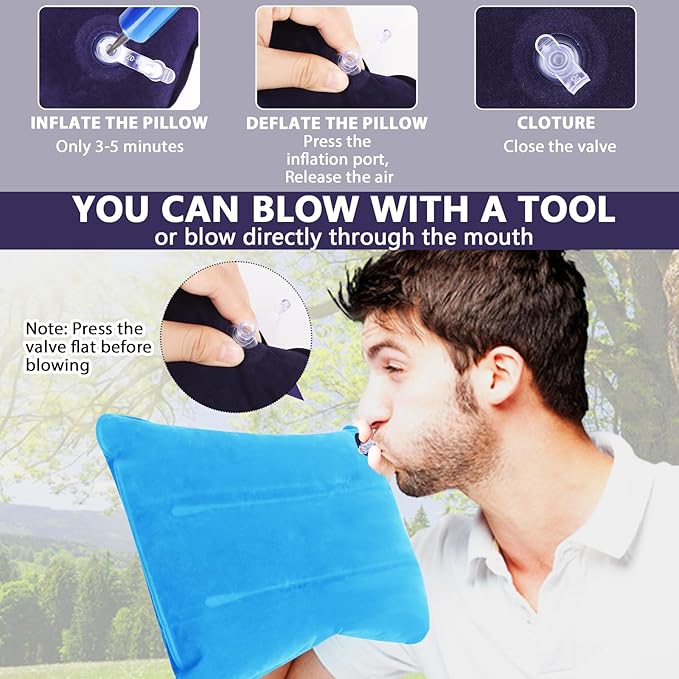 2 Pack Ultralight Inflatable Camping Pillows for Sleeping & Travel, Camp Pillow Backpacking for Sleeping, Inflatable Beach Ergonomic Pillows for Camping Hiking Home Sleeping (Sky Blue+Gray)
